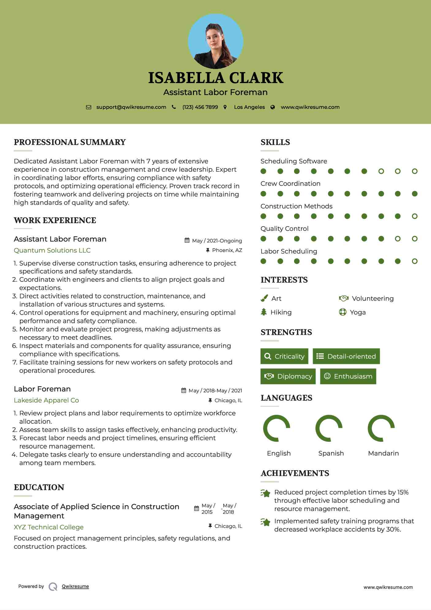 Assistant Labor Foreman Resume Sample