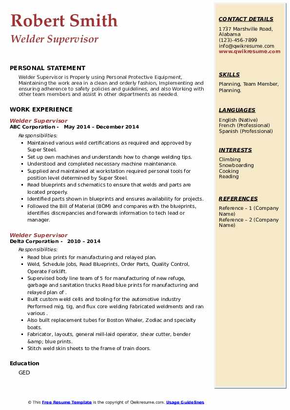 Welder Supervisor Resume Samples QwikResume