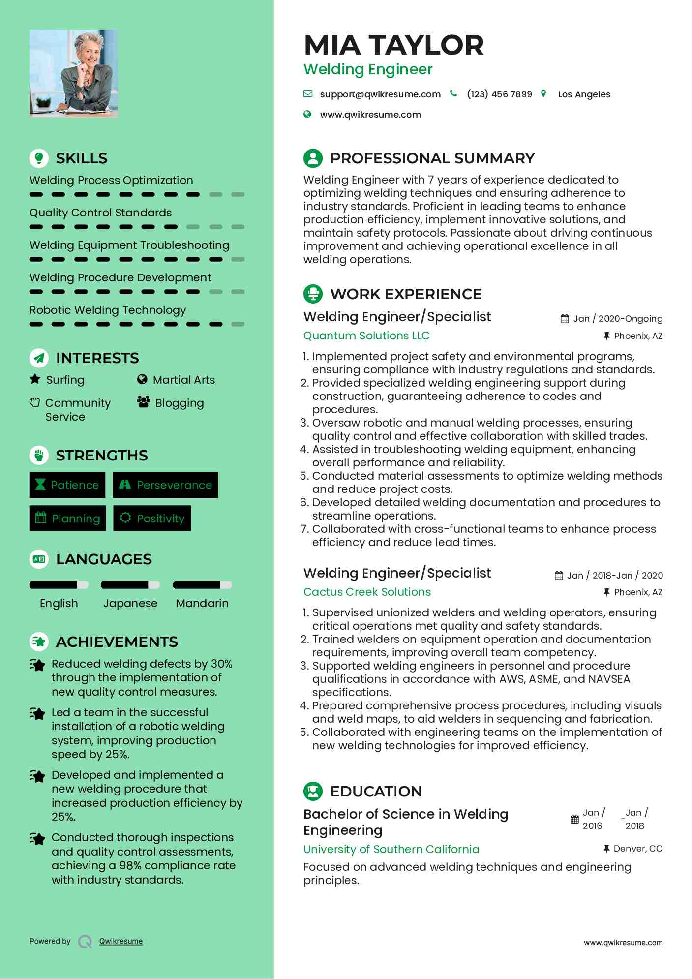 Welding Engineer/Specialist Resume Format
