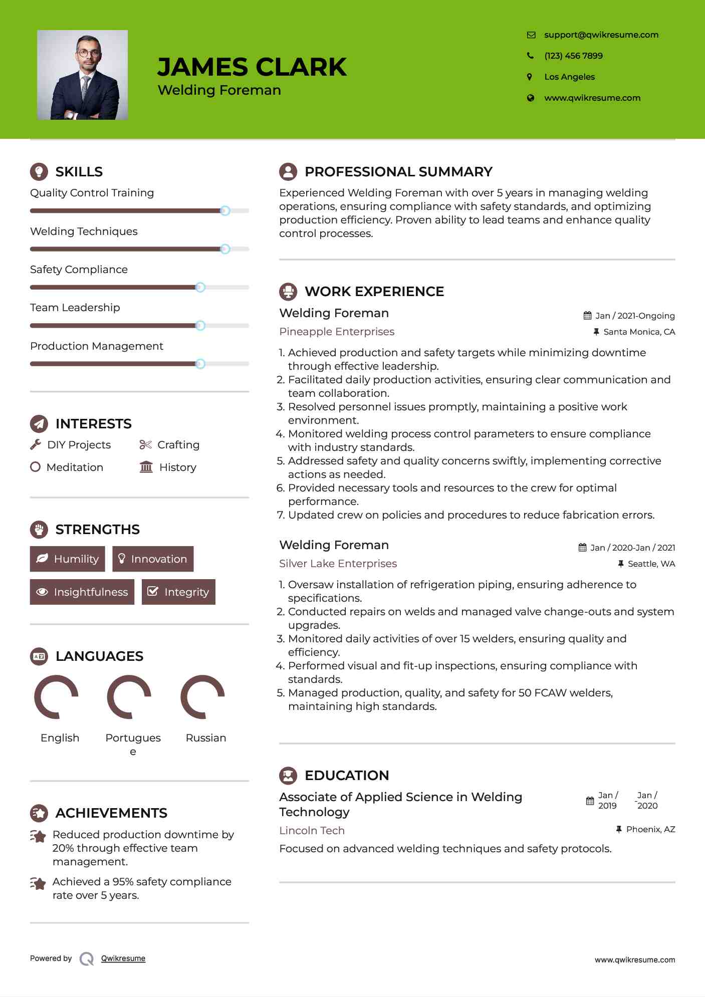 Welding Foreman Resume Sample