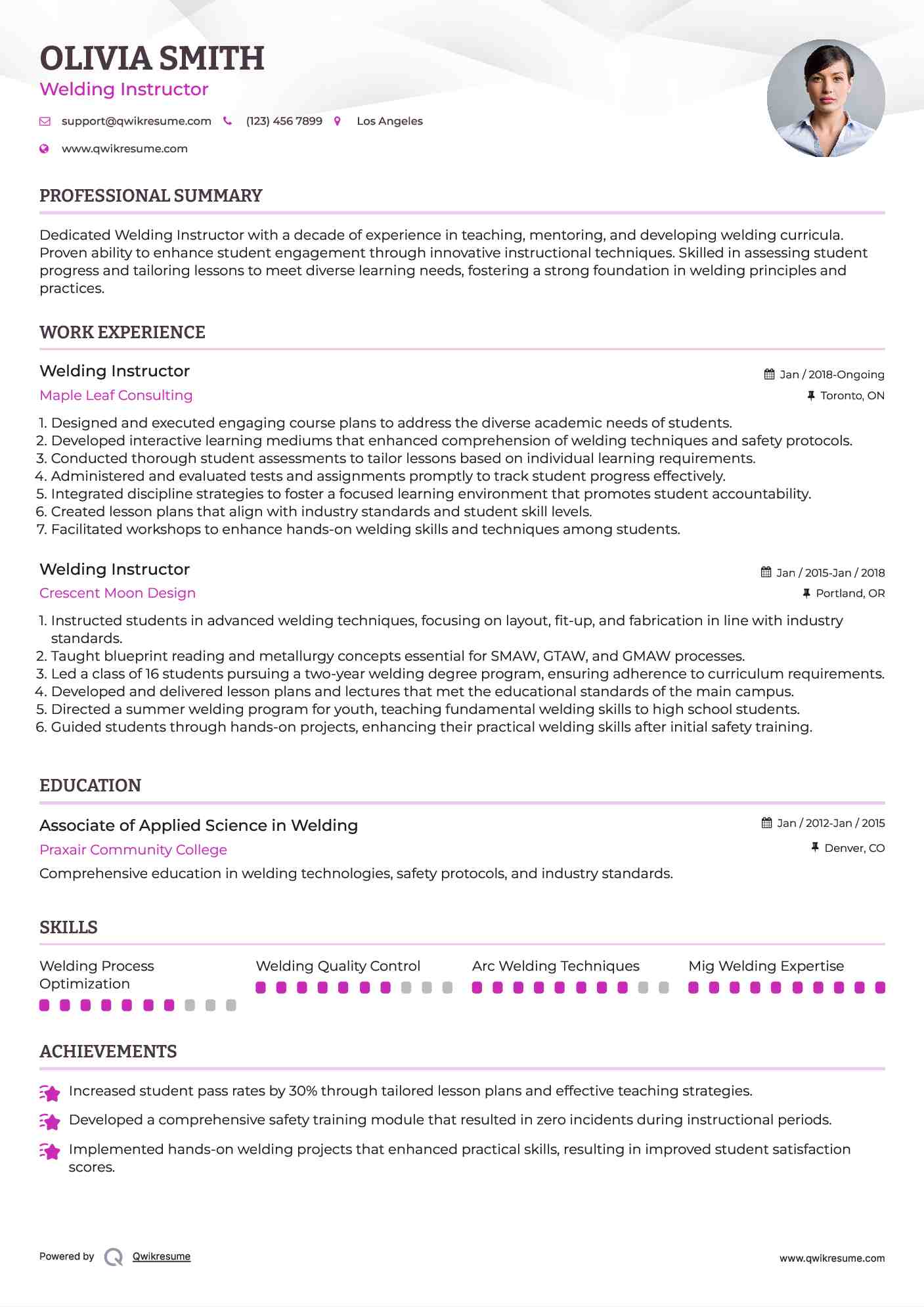 Welding Instructor Resume Model
