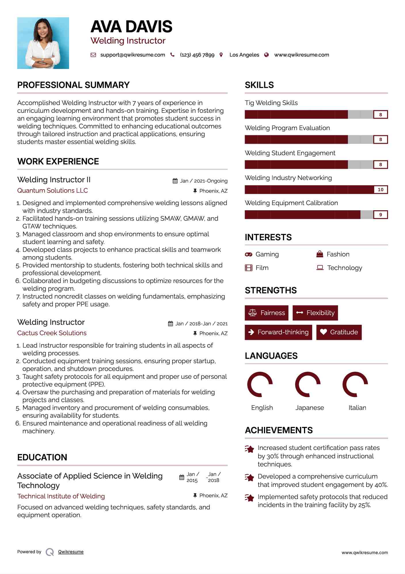 Welding Instructor II Resume Template