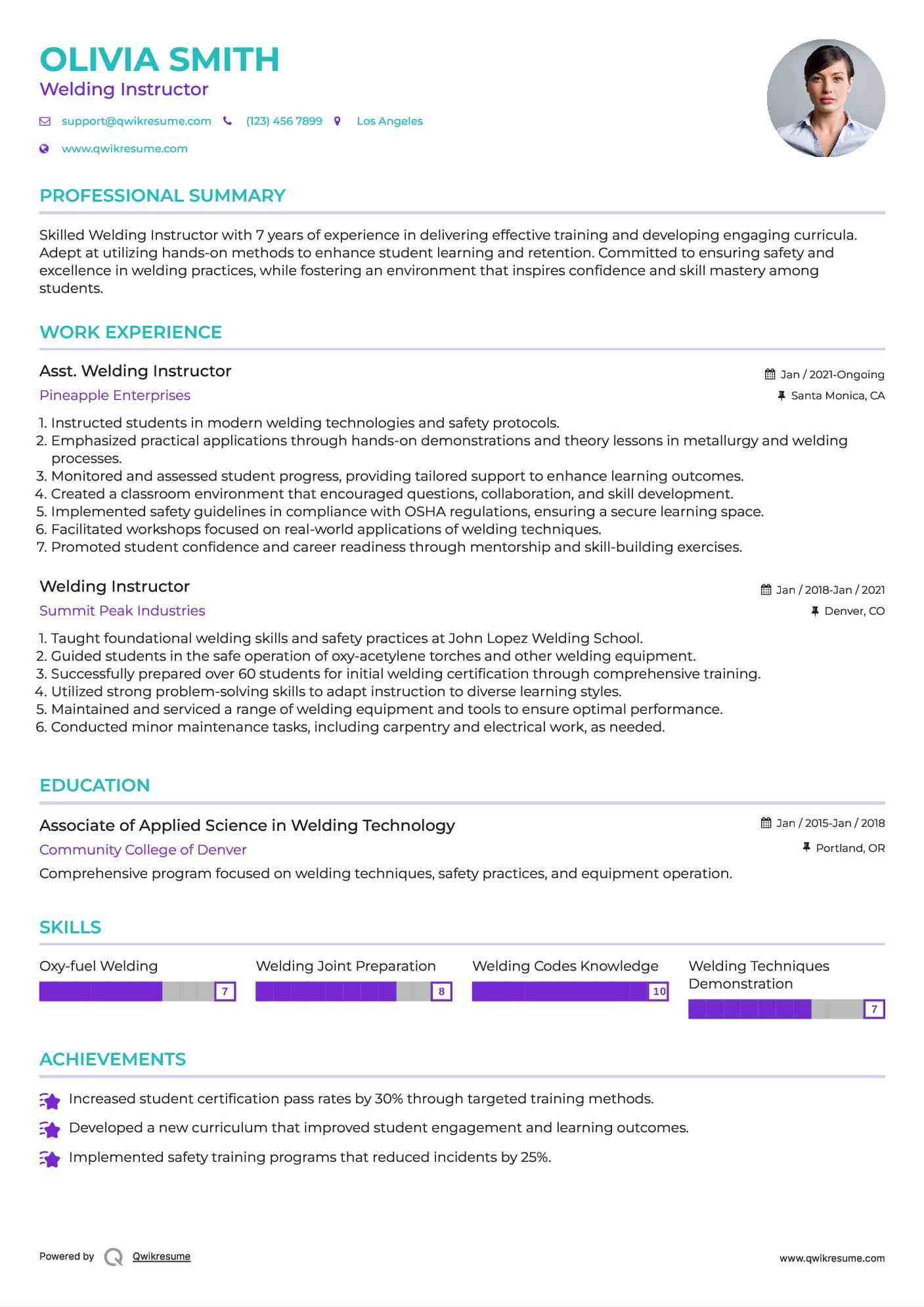 Asst. Welding Instructor Resume Format
