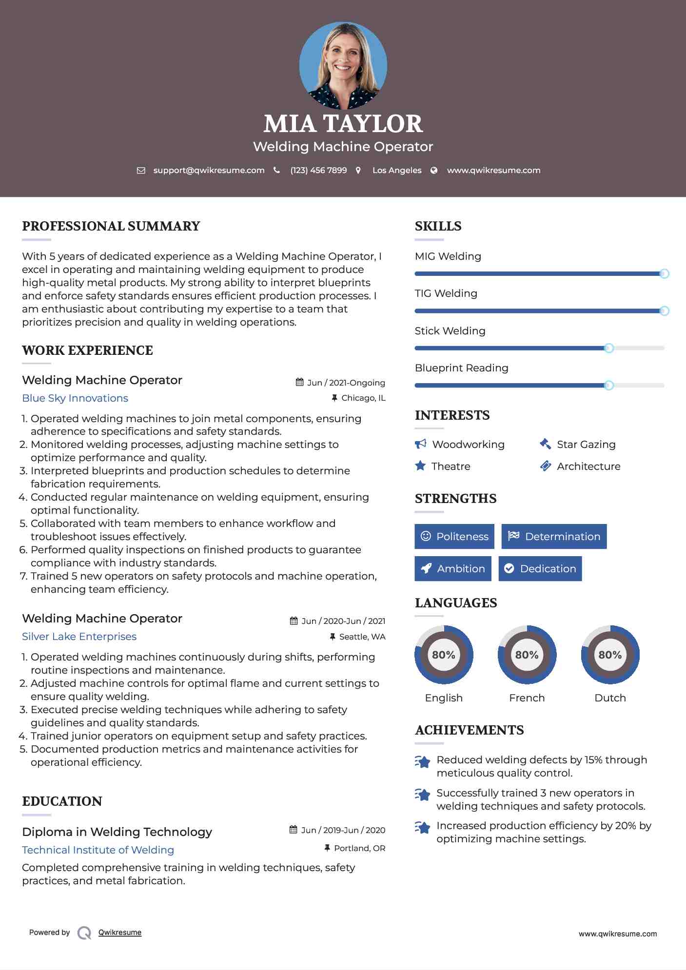 Welding Machine Operator Resume Samples QwikResume