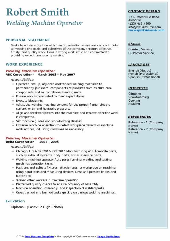 Welding Machine Operator Resume Samples QwikResume