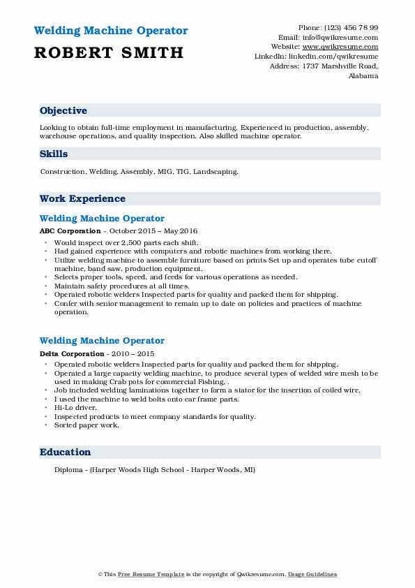 Welding Machine Operator Resume Samples QwikResume