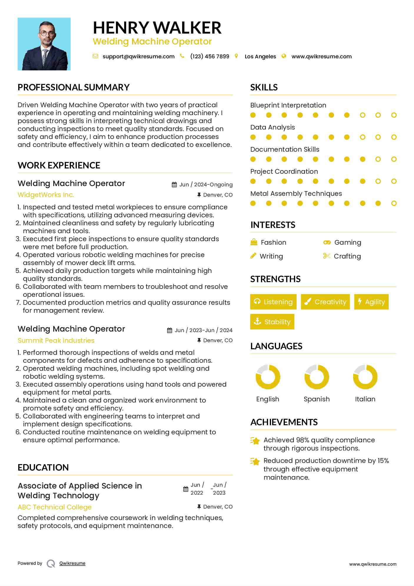 Welding Machine Operator Resume Sample