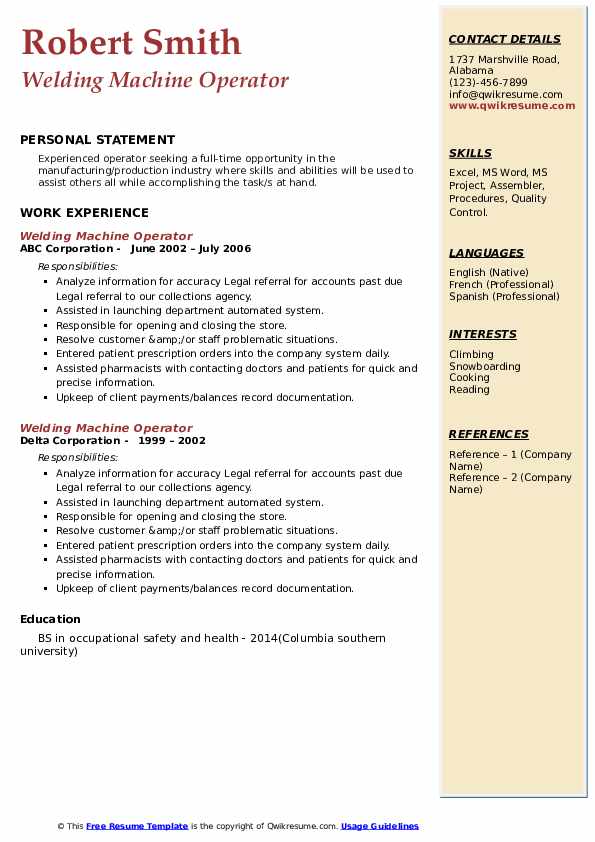 Welding Machine Operator Resume Samples QwikResume