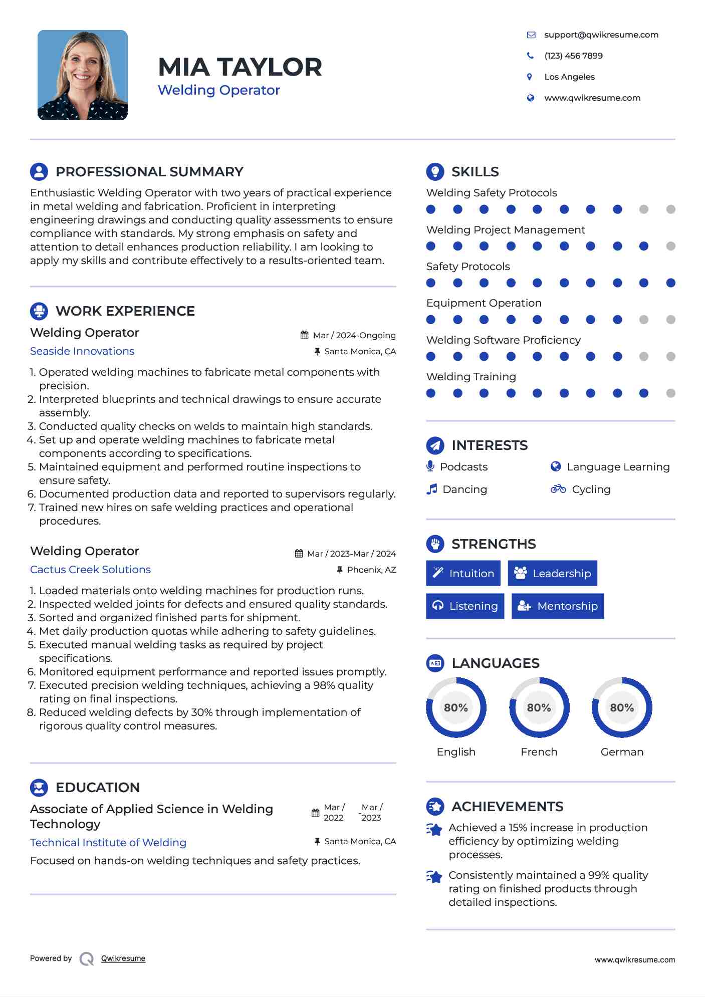 Welding Operator Resume Samples QwikResume