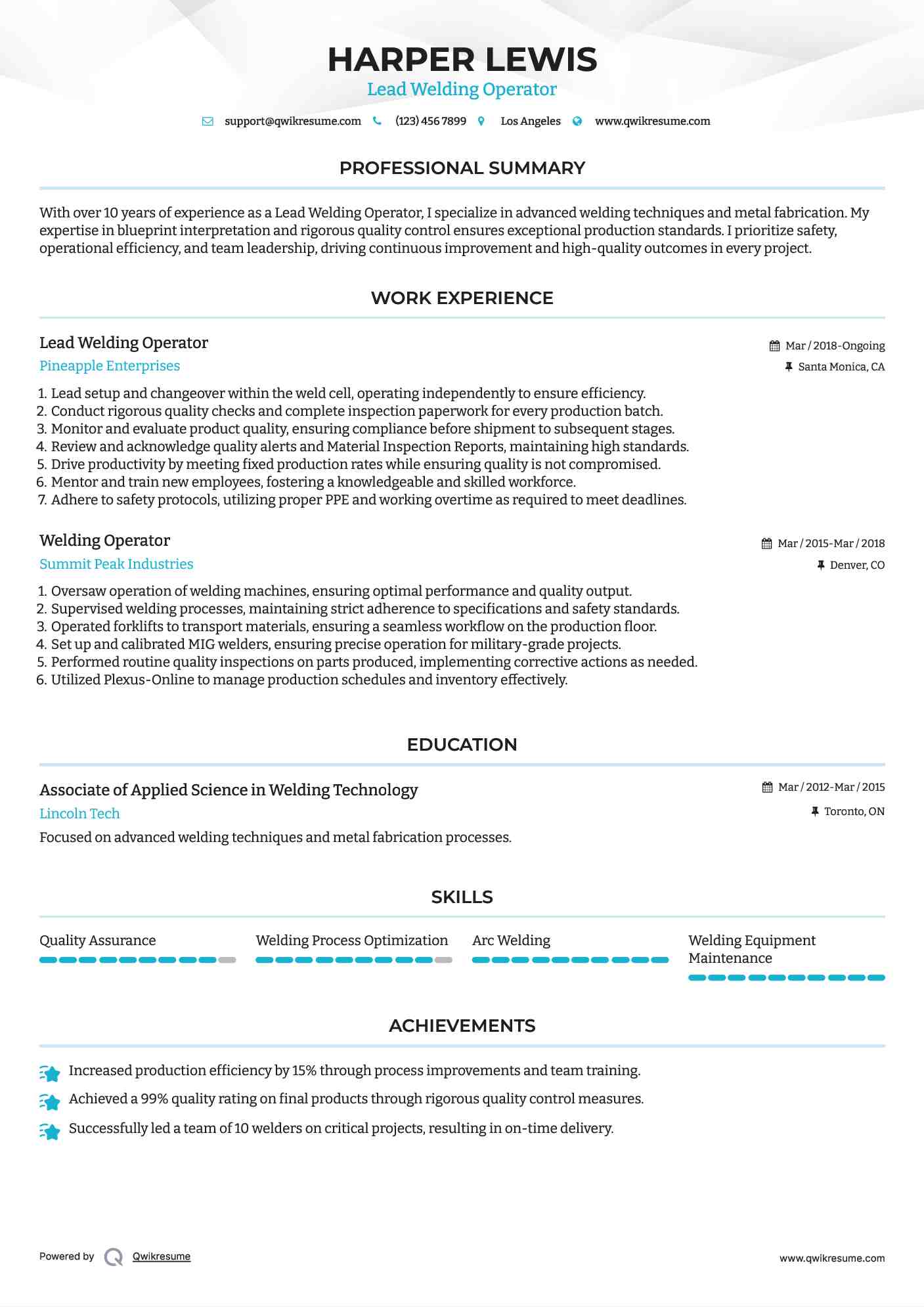 Lead Welding Operator Resume Format