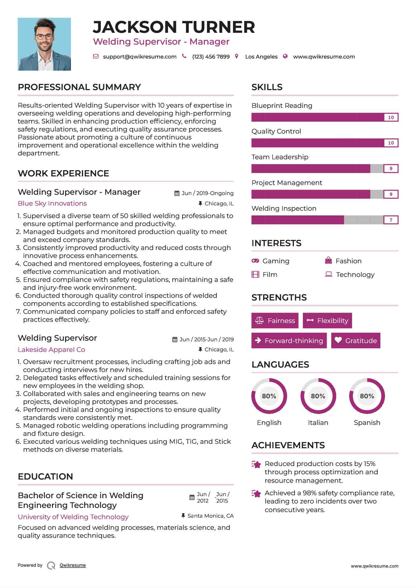 Welding Supervisor - Manager Resume Example