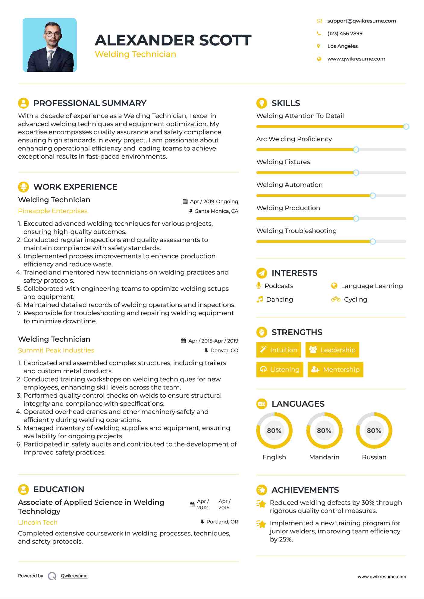Welding Technician Resume Example
