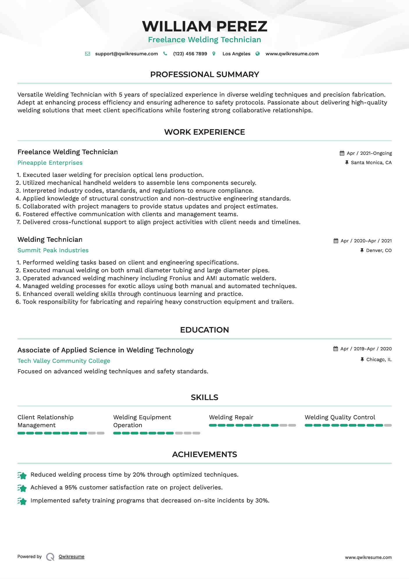 Freelance Welding Technician Resume Sample