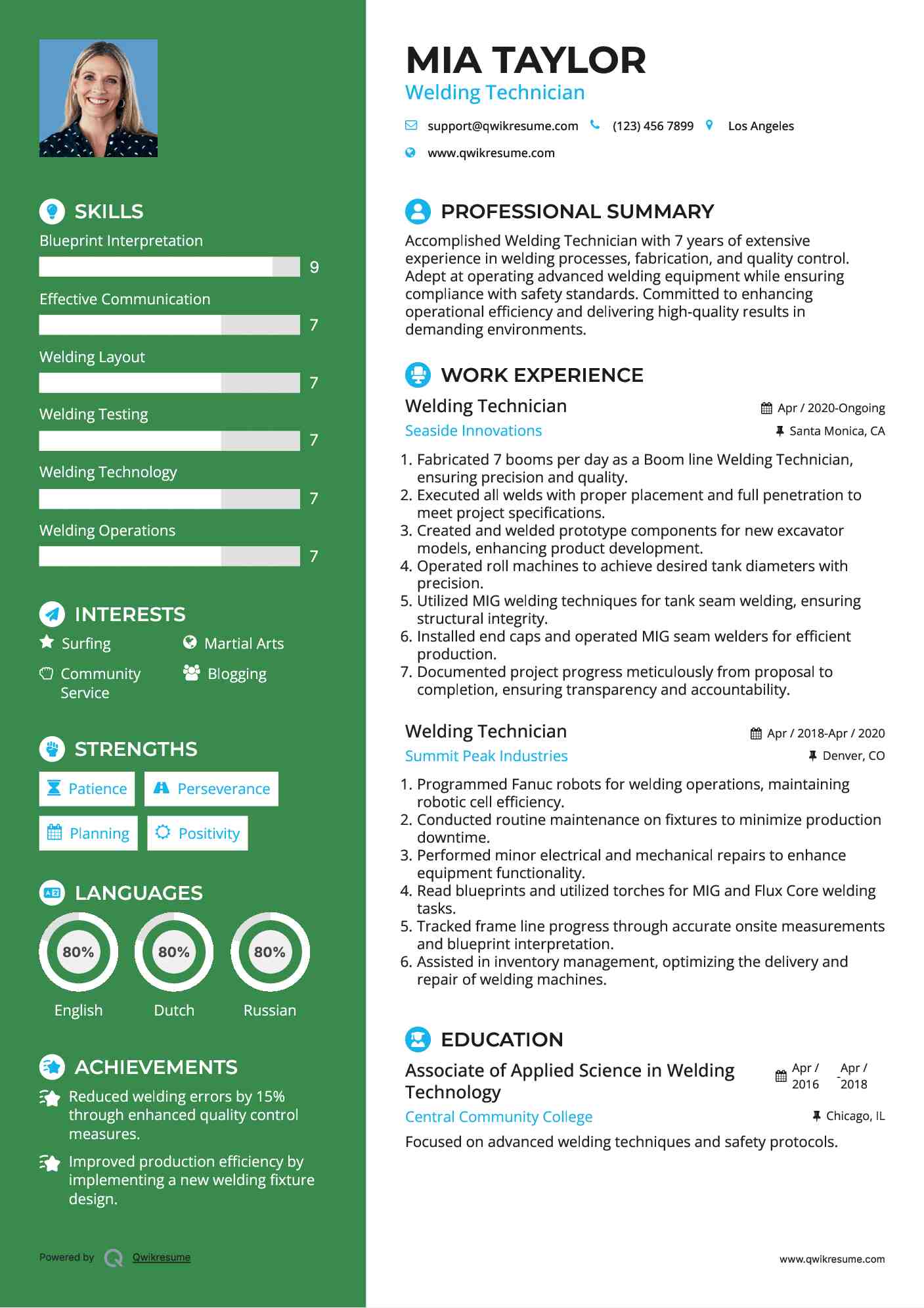 Welding Technician Resume Example