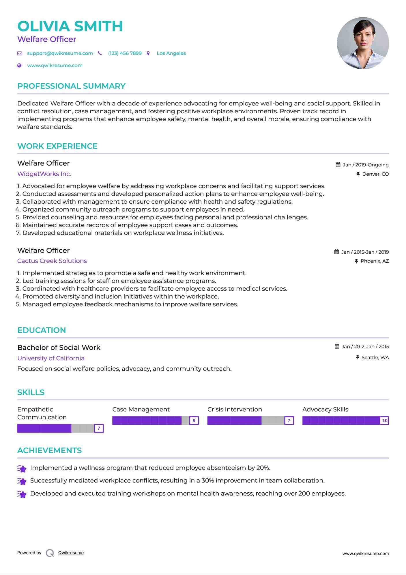 Welfare Officer Resume Sample