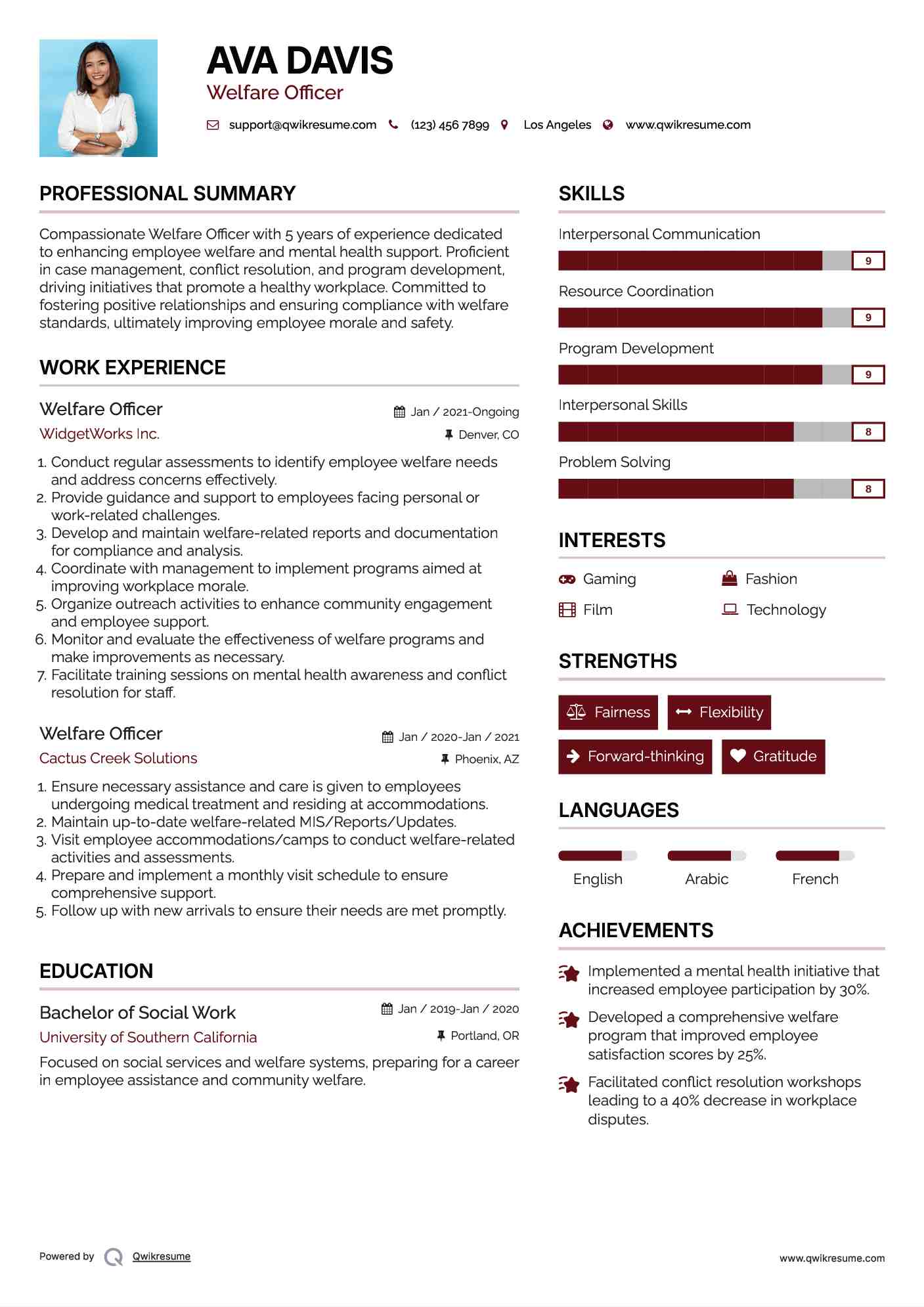 Welfare Officer Resume Format