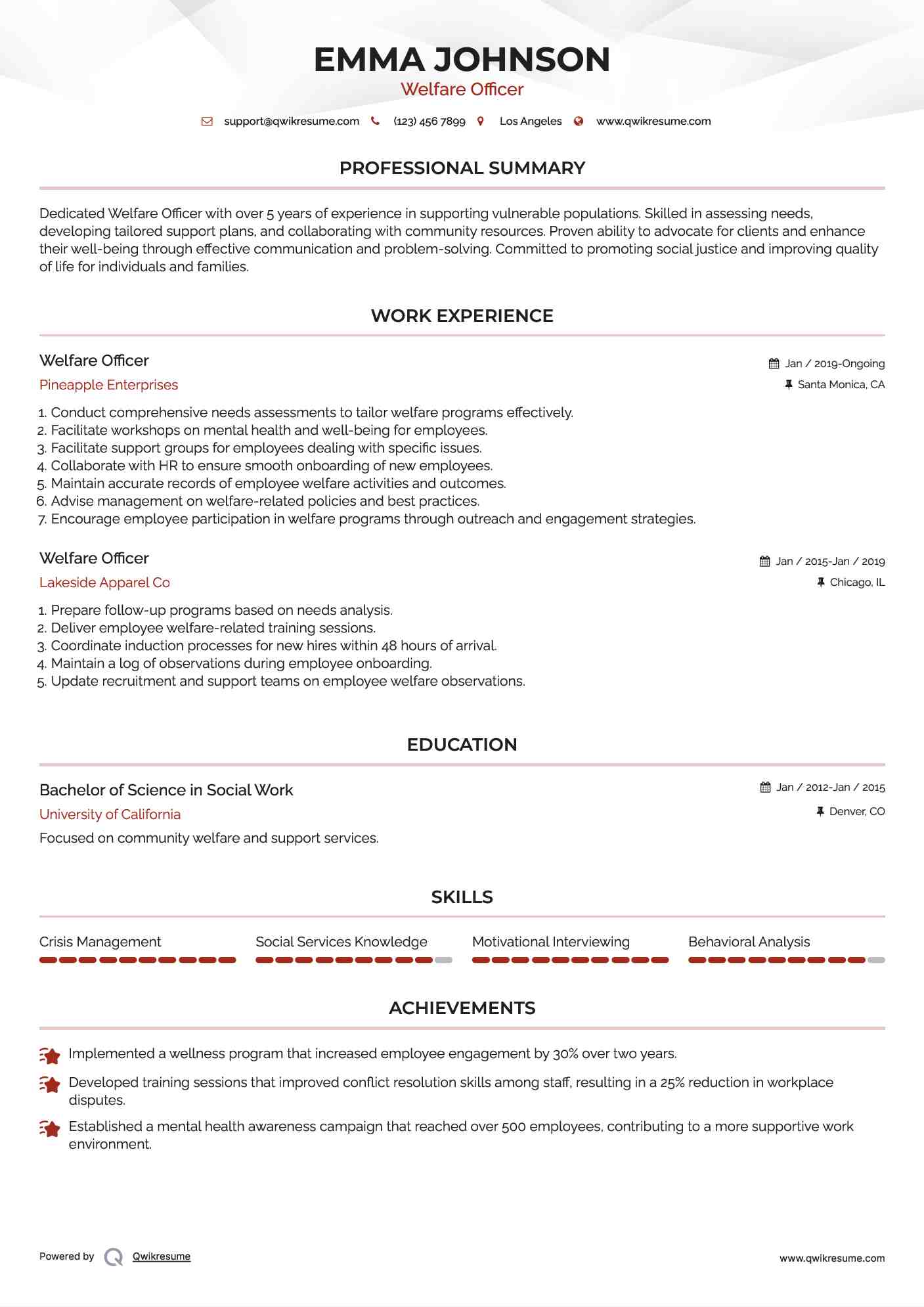 Welfare Officer Resume Example