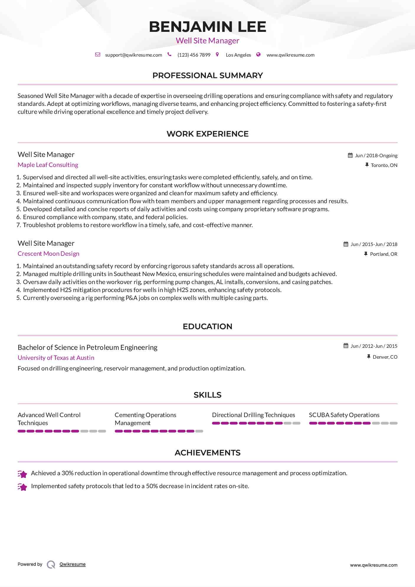 Well Site Manager Resume Sample