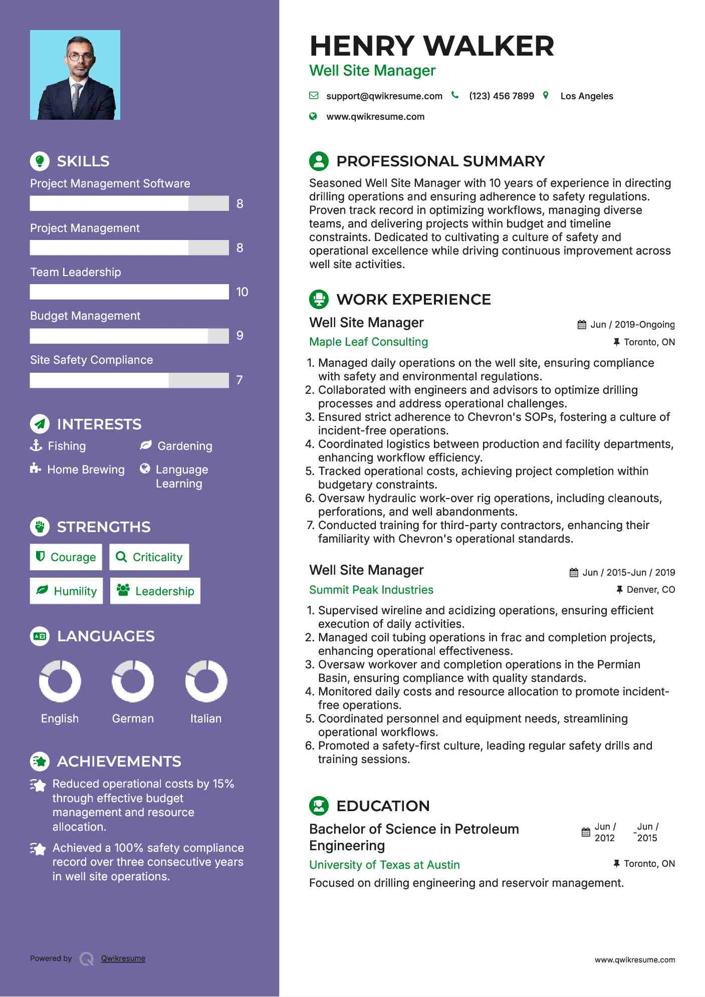 Well Site Manager Resume Sample