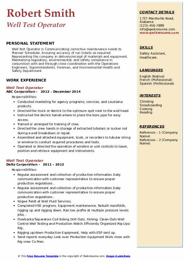 Well Test Operator Resume Samples | QwikResume