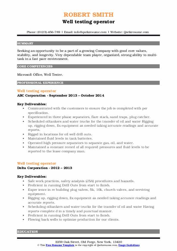 Well Testing Operator Resume Samples QwikResume