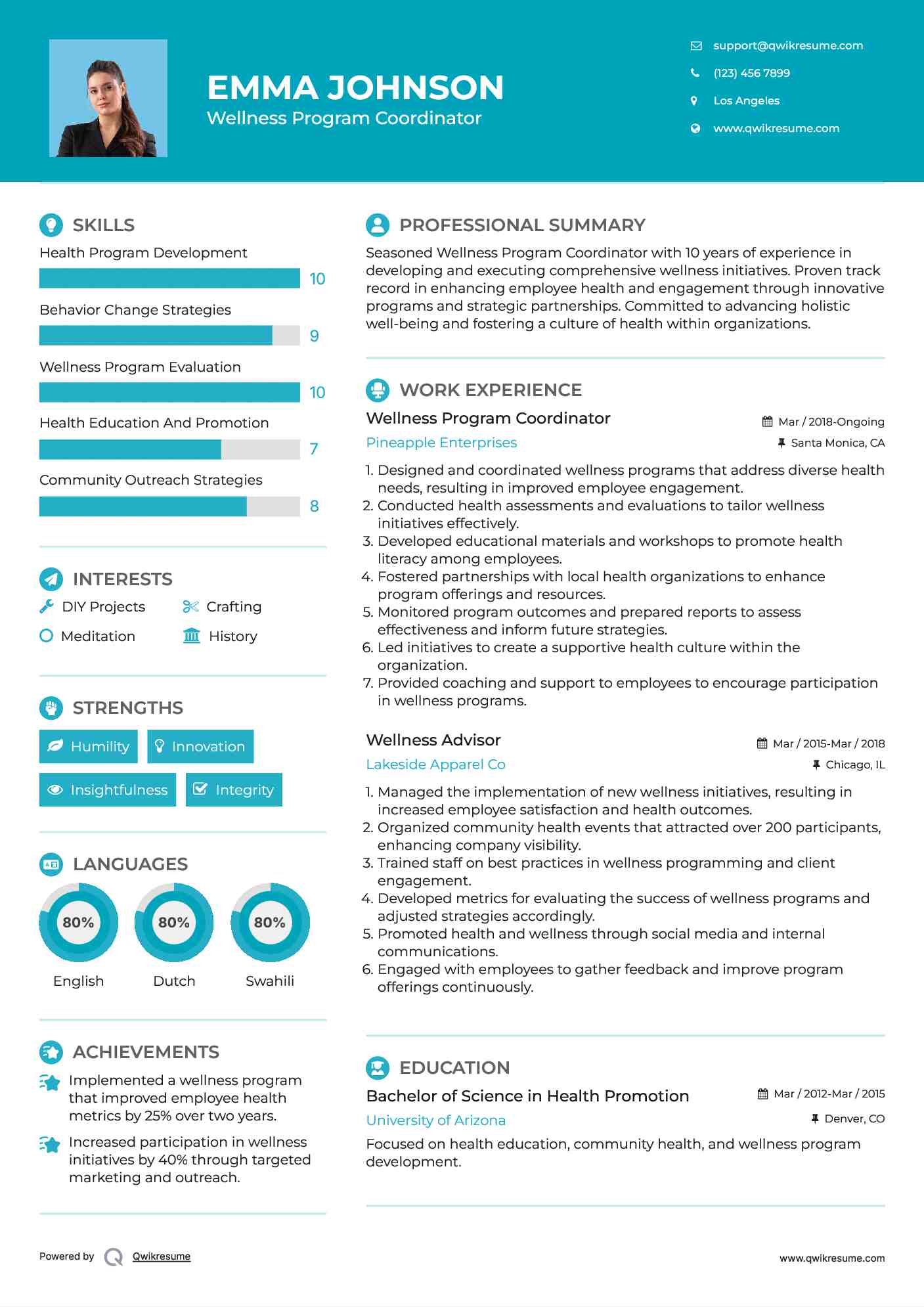 Wellness Program Coordinator Resume Format