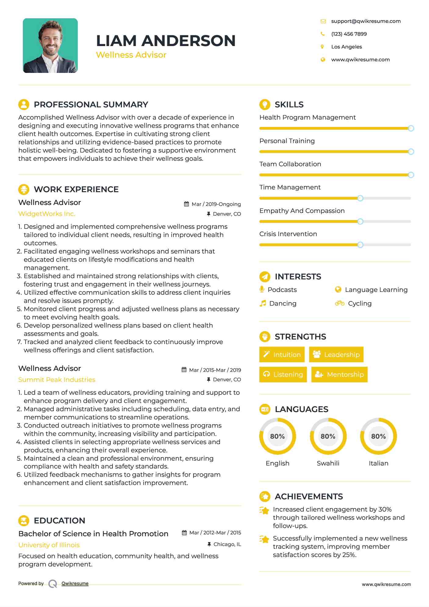 Wellness Advisor Resume Model