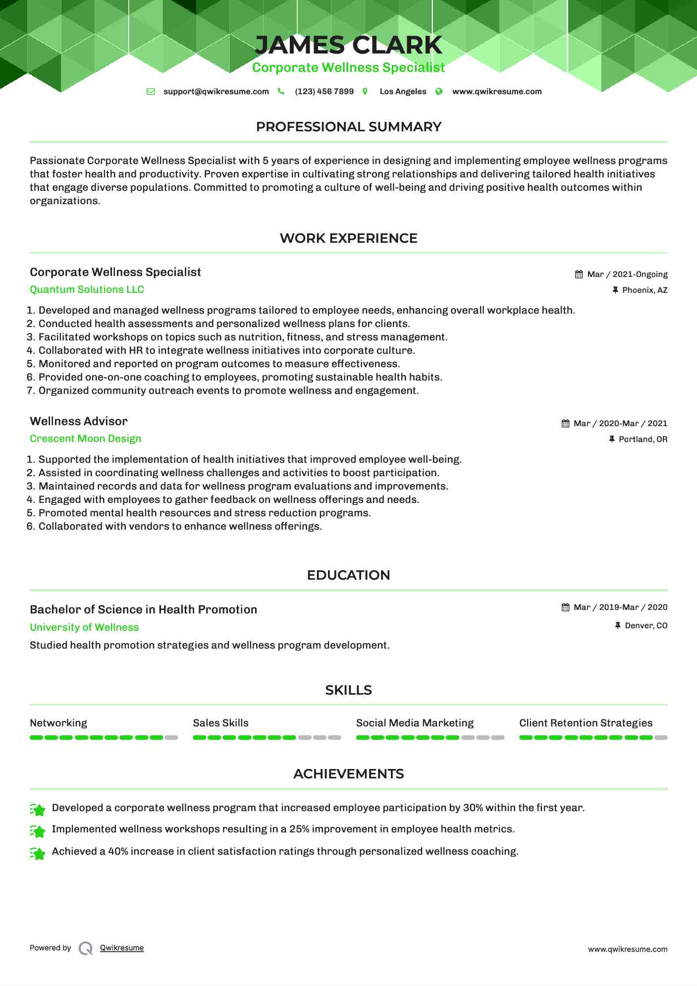 Corporate Wellness Specialist Resume Template