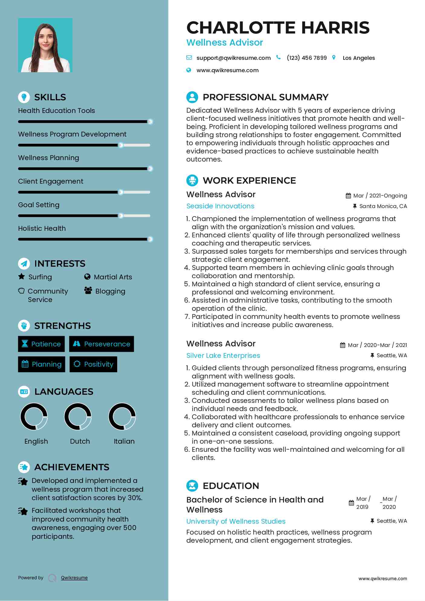 Wellness Advisor Resume Sample