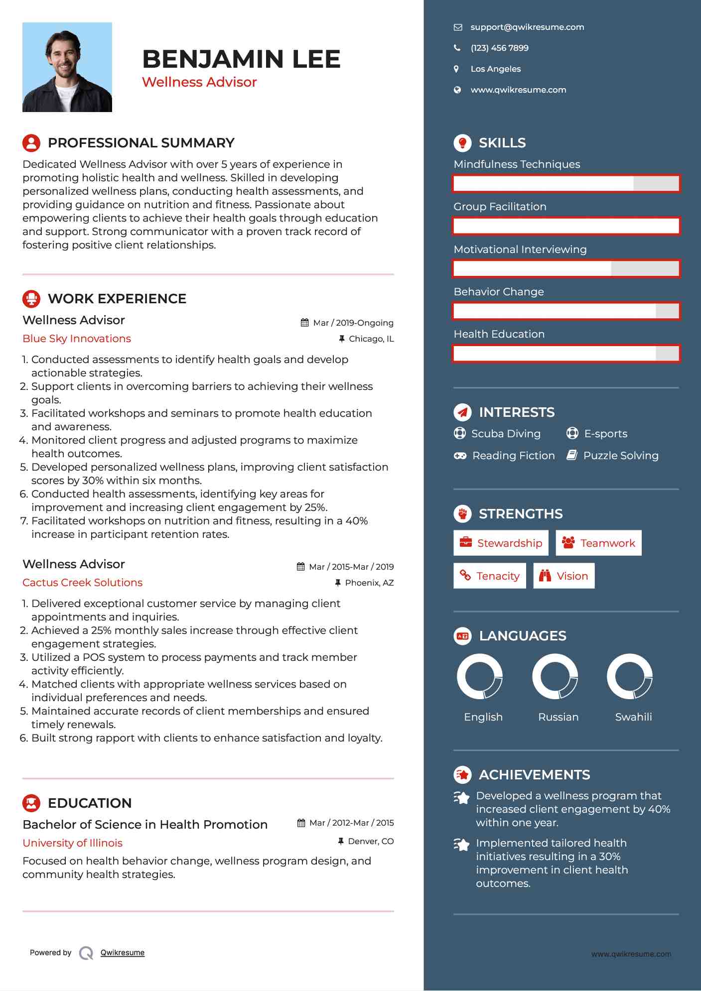 Wellness Advisor Resume Sample