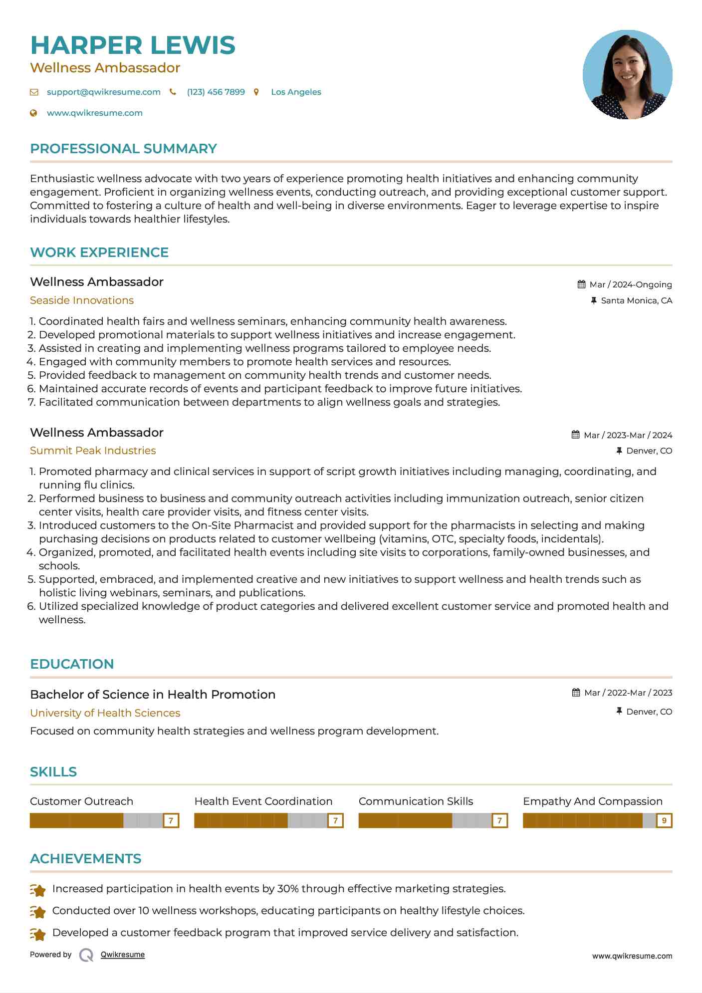 Wellness Ambassador Resume Model