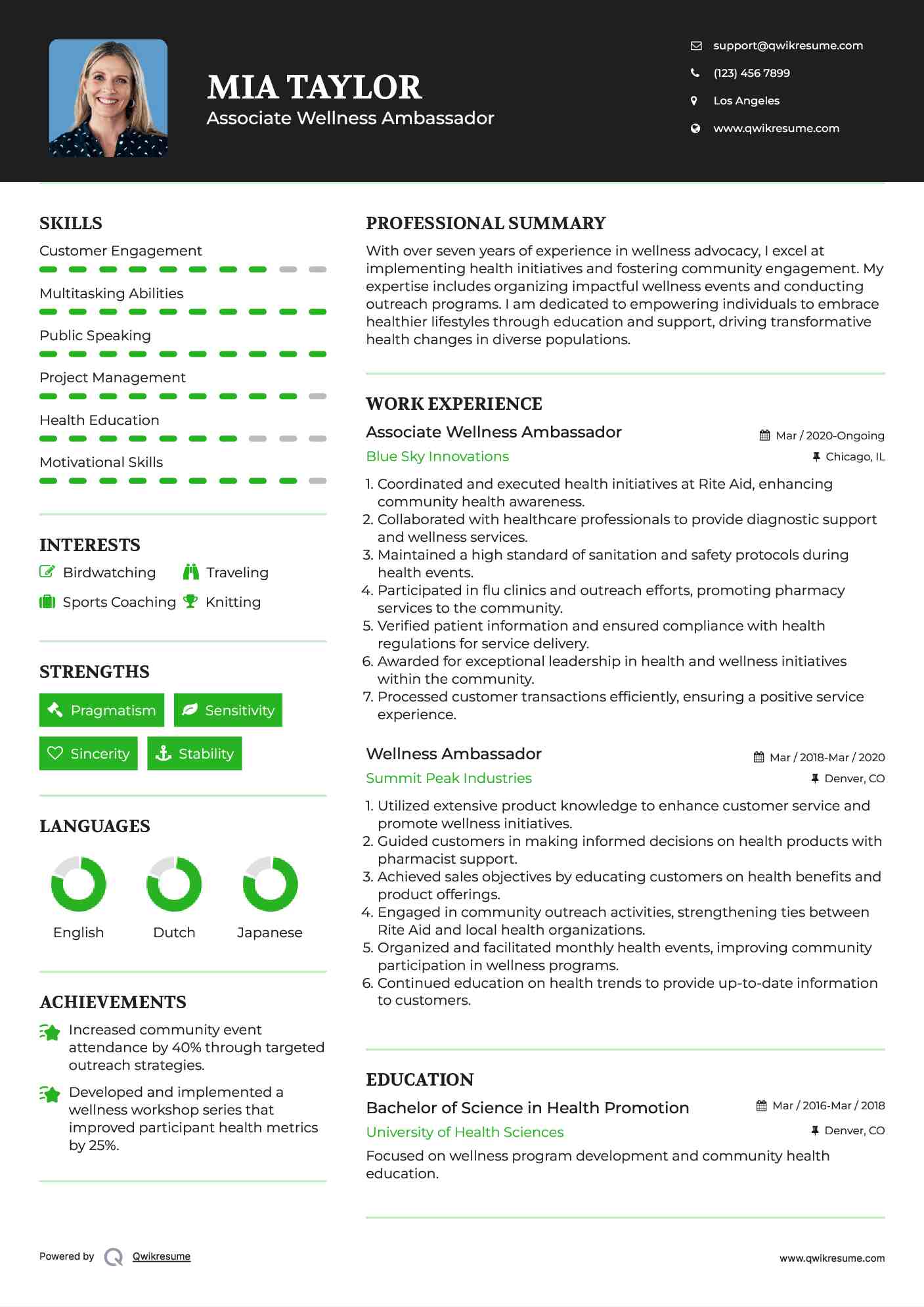 Associate Wellness Ambassador Resume Example
