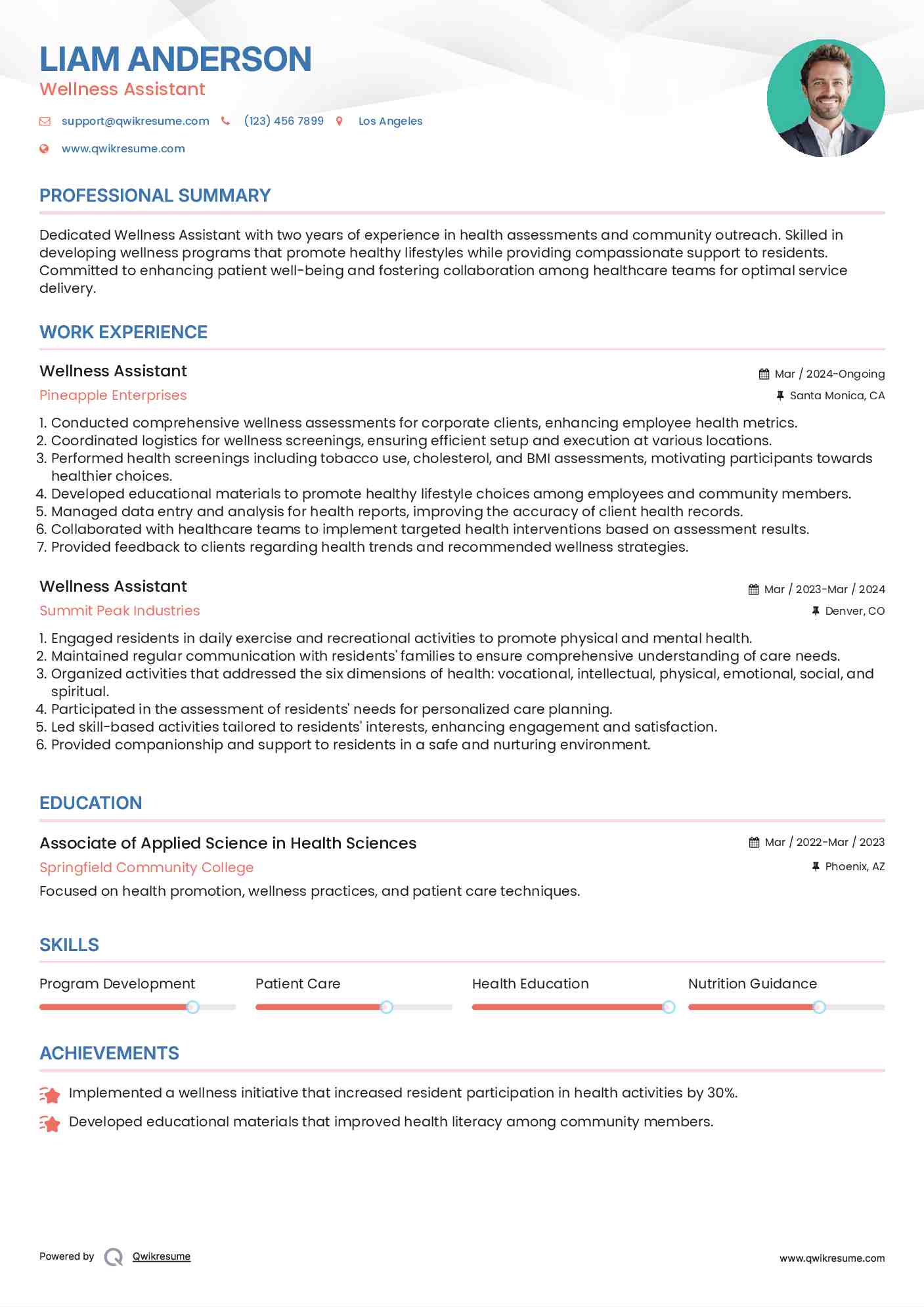Wellness Assistant Resume Example