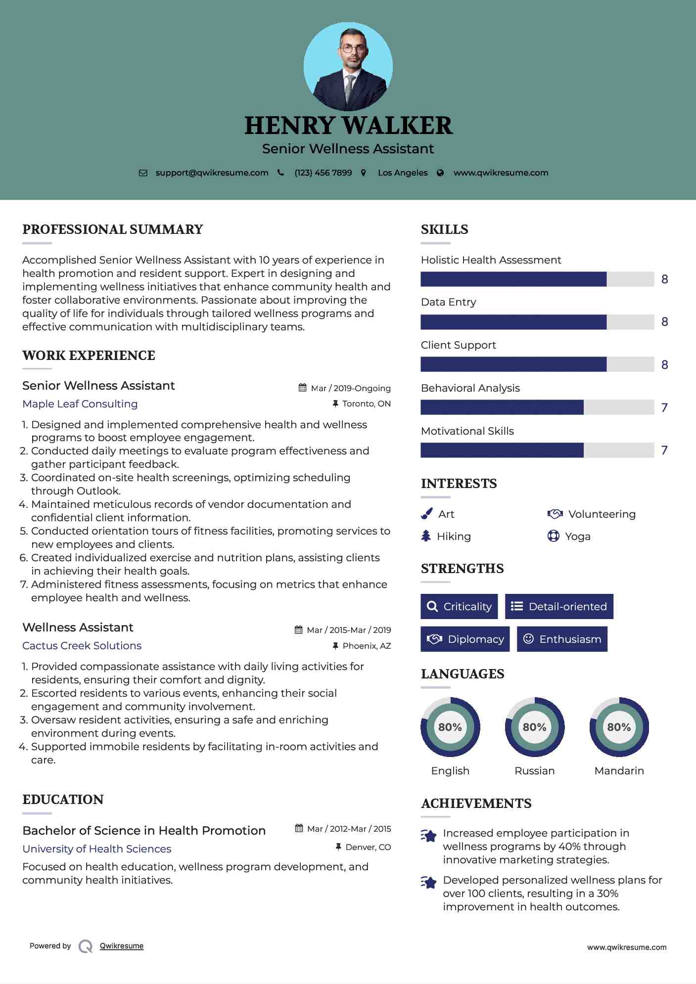 Senior Wellness Assistant Resume Example
