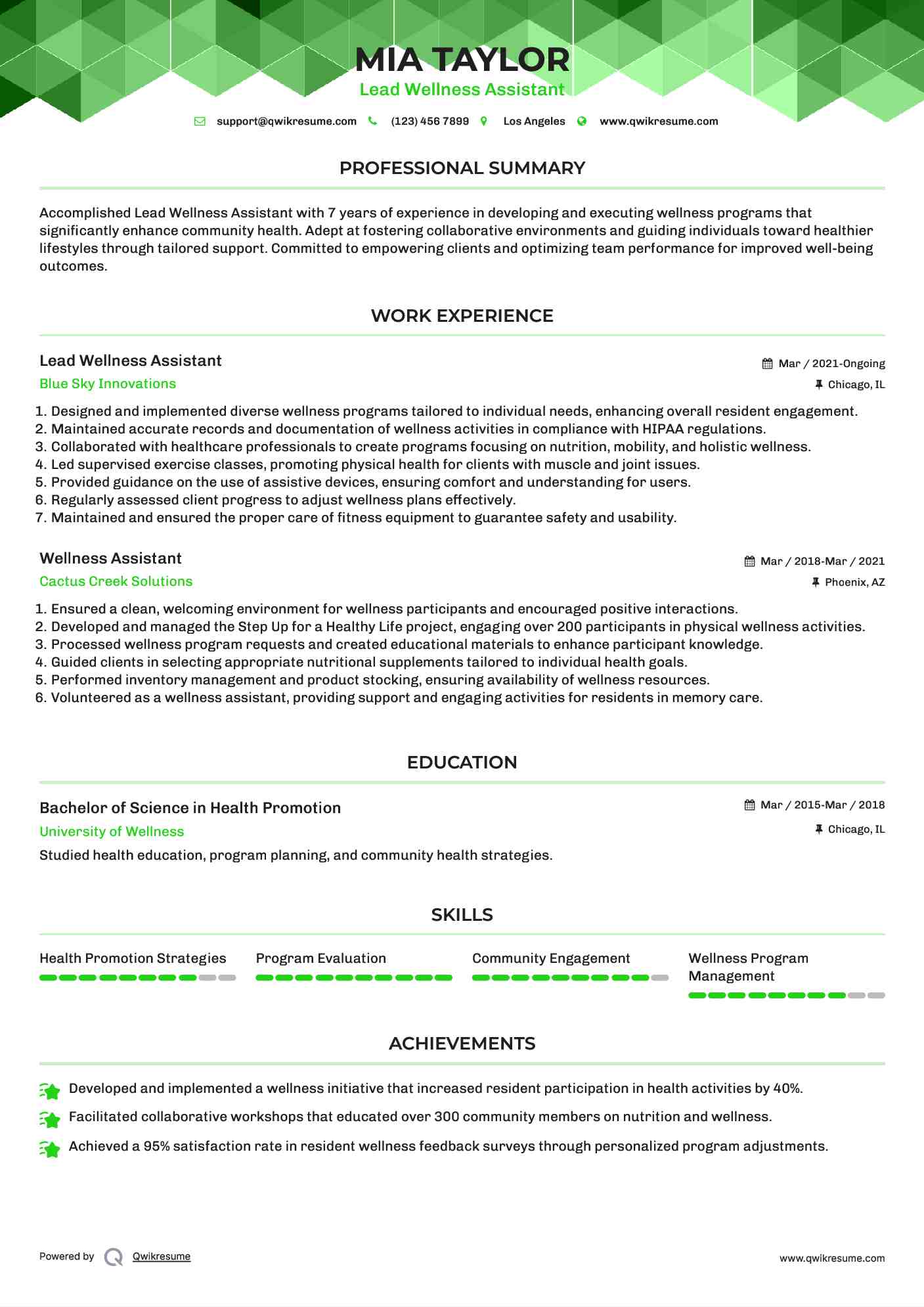 Lead Wellness Assistant Resume Template