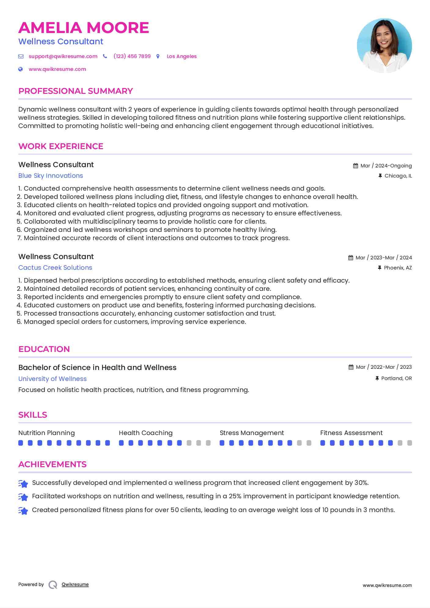 Wellness Consultant Resume Sample