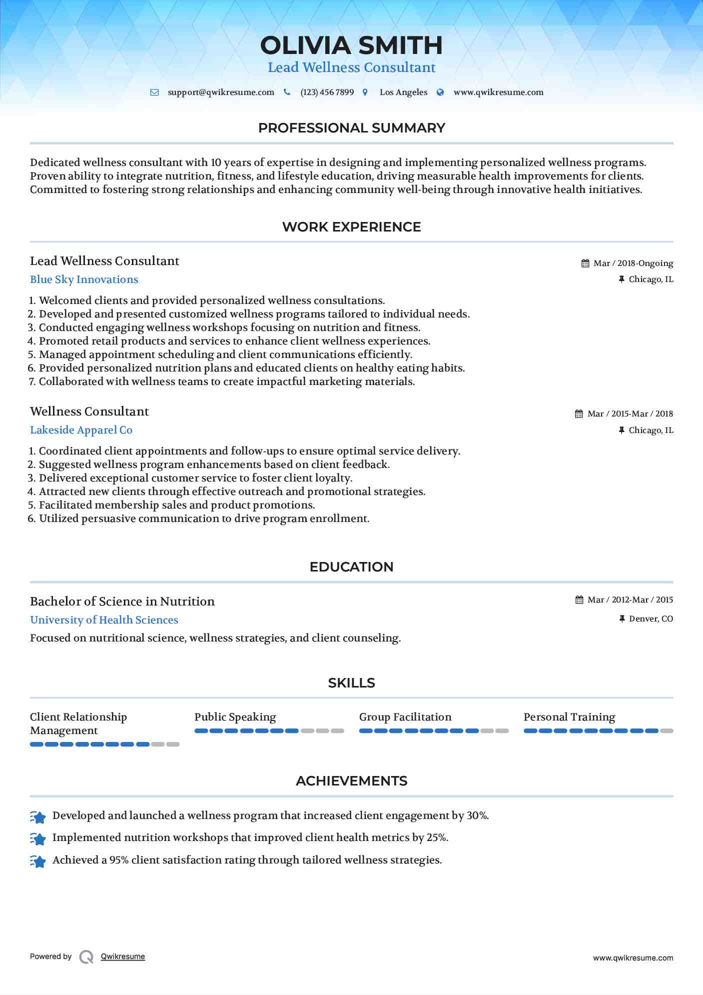 Lead Wellness Consultant Resume Template