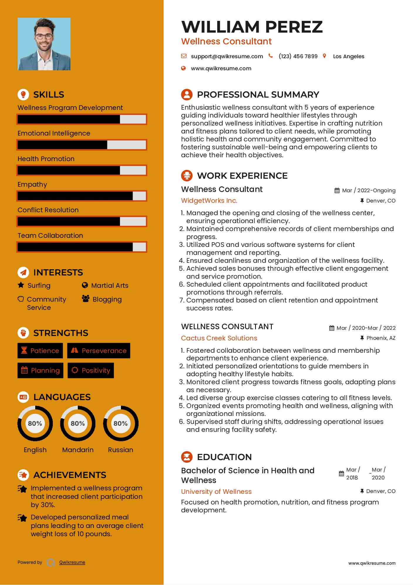 Wellness Consultant Resume Example