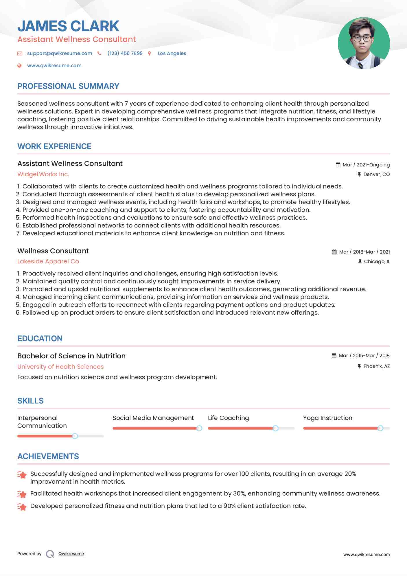 Assistant Wellness Consultant Resume Example