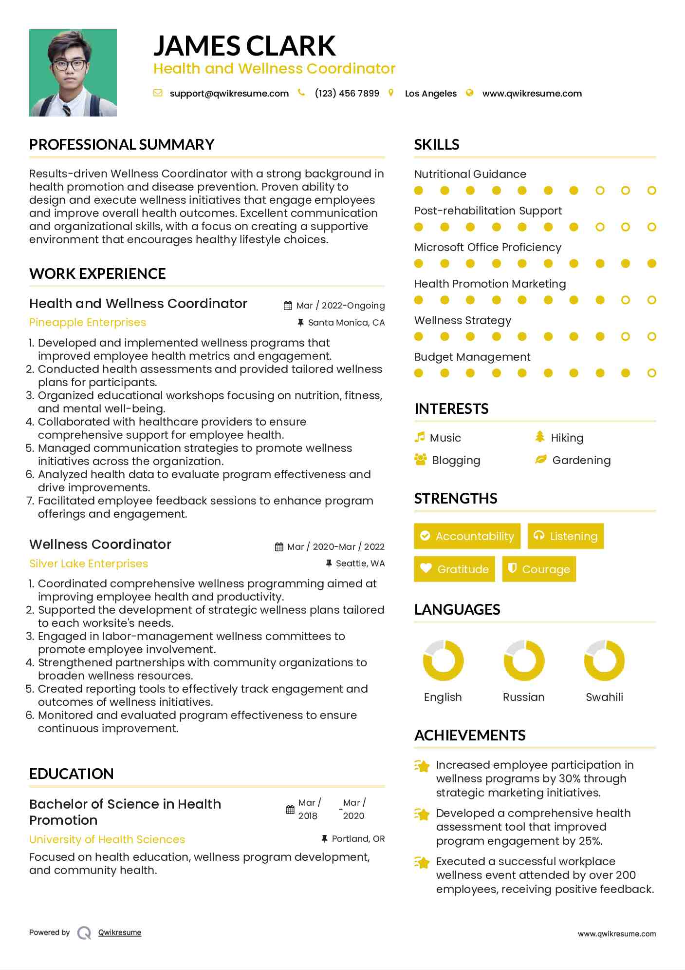 Health and Wellness Coordinator
 Resume Sample