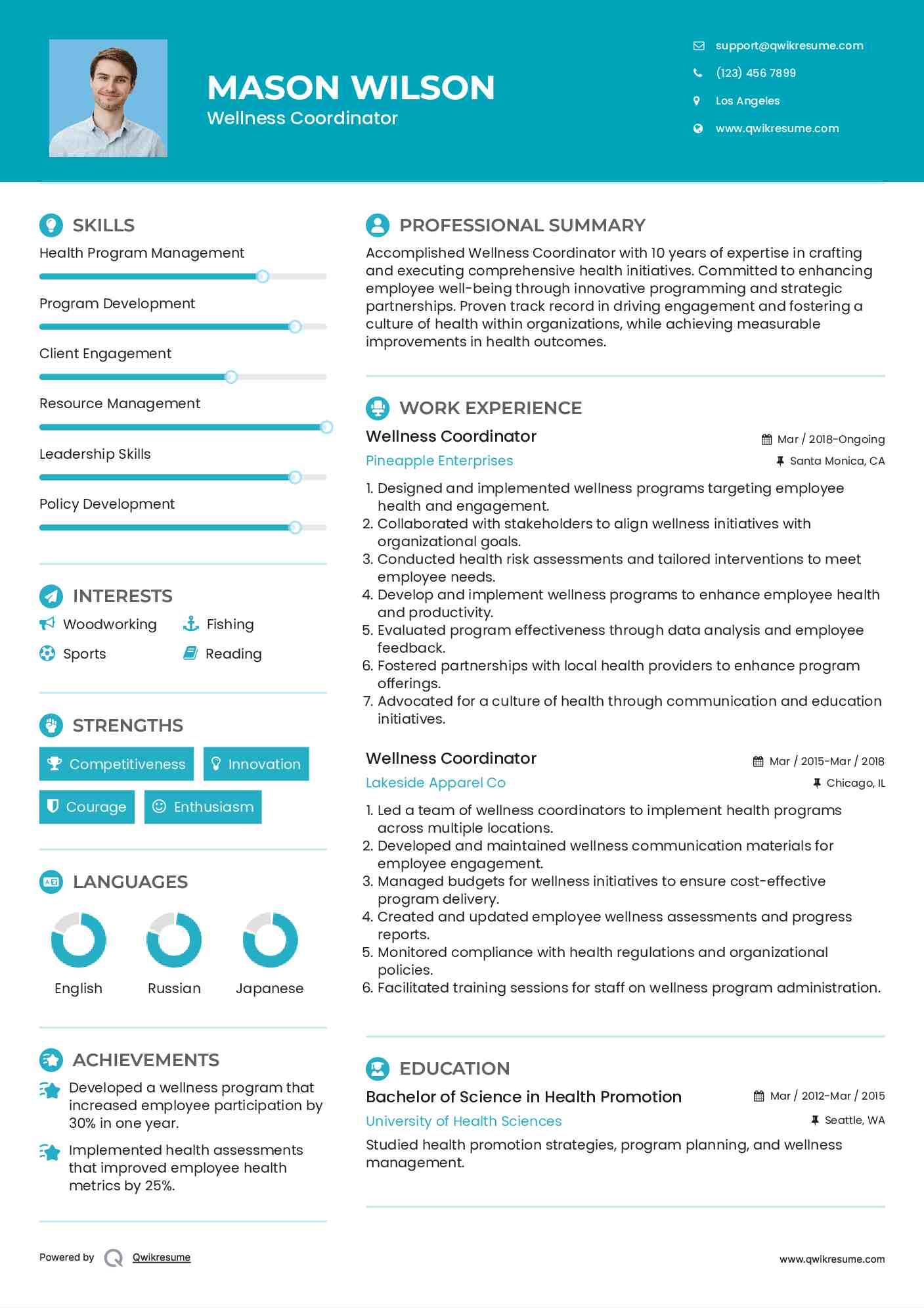 Wellness Coordinator Resume Sample