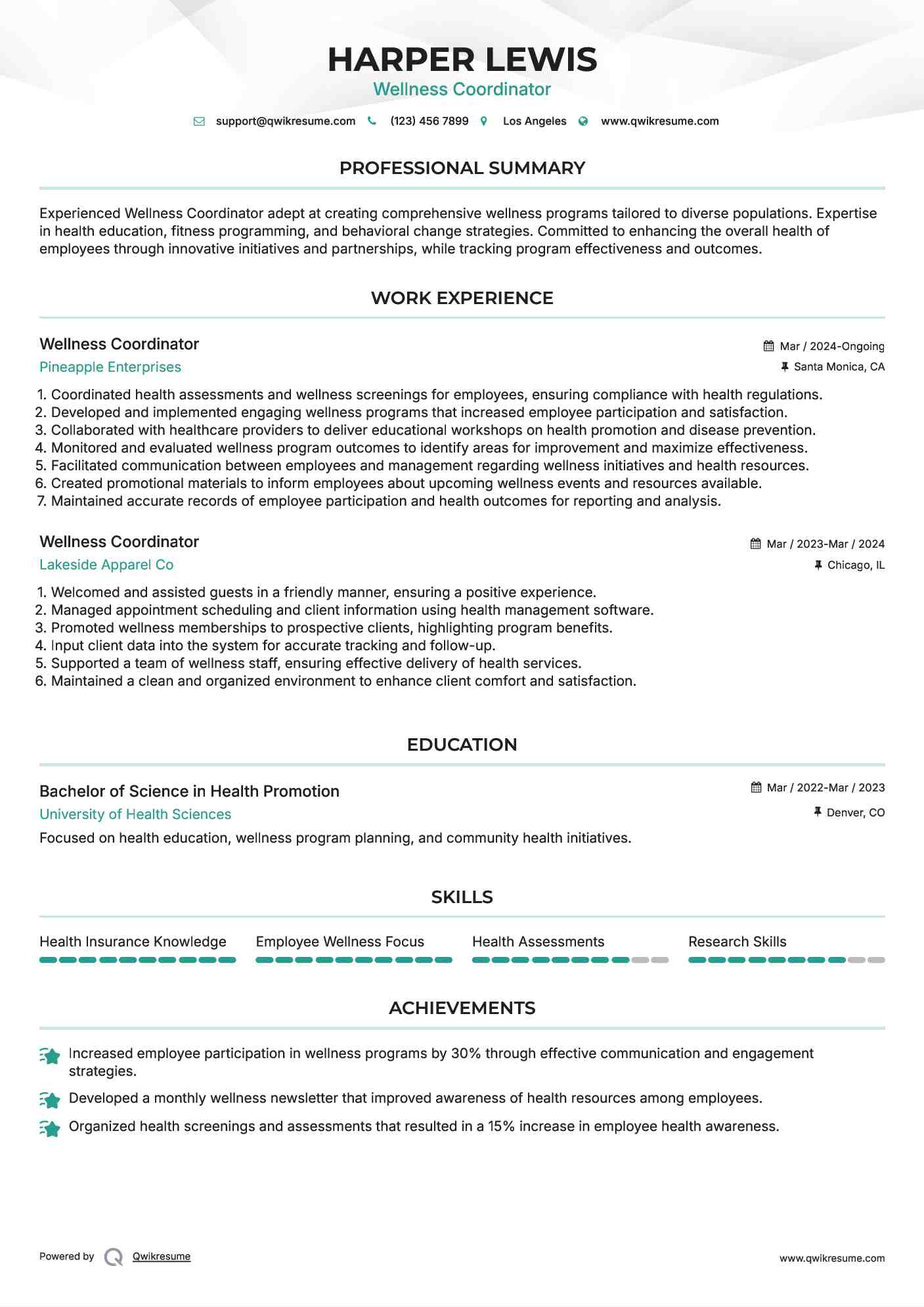 Wellness Coordinator Resume Sample