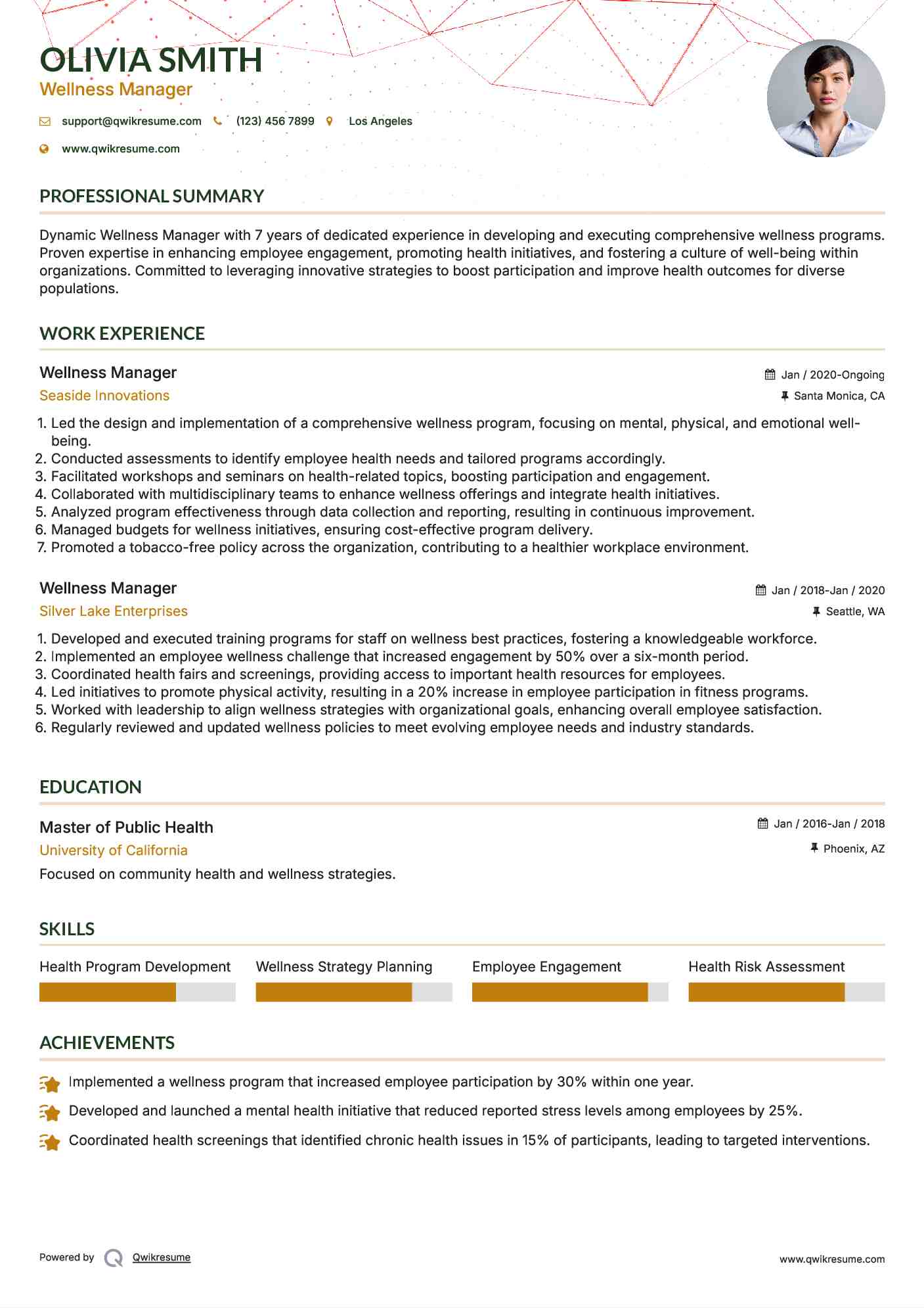 Wellness Manager Resume Sample
