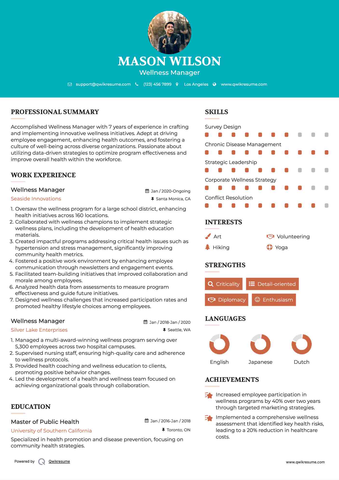 Wellness Manager Resume Example