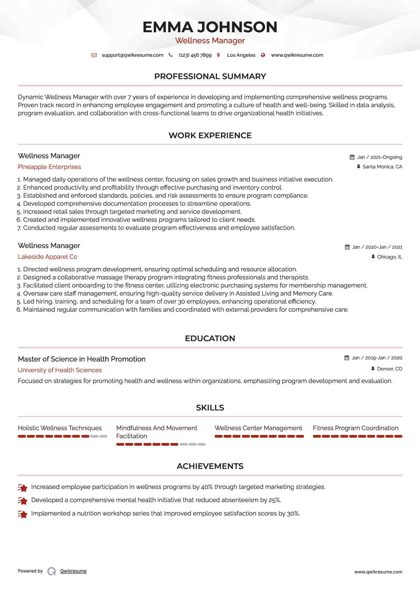 Wellness Manager Resume Example