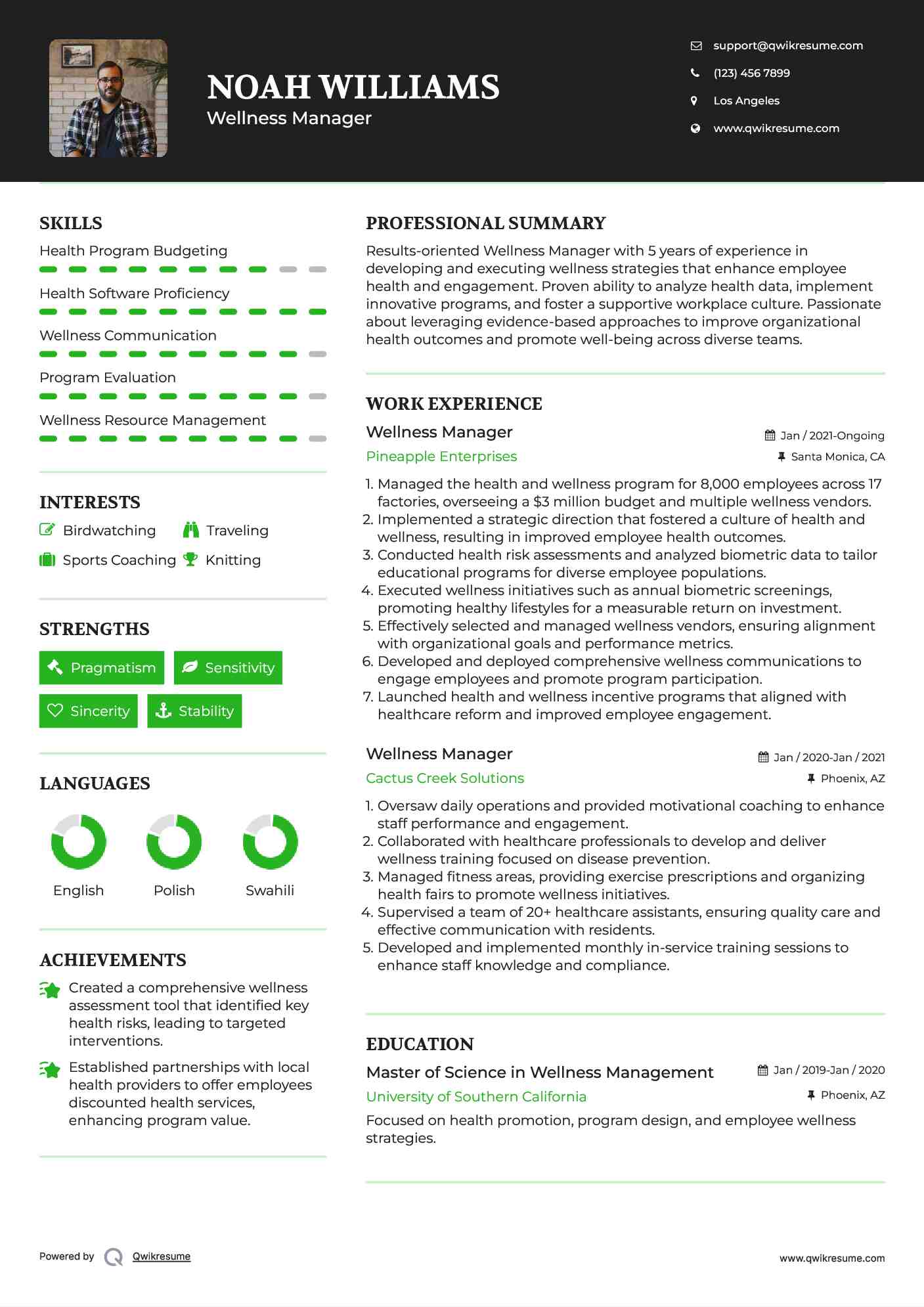 Wellness Manager Resume Template