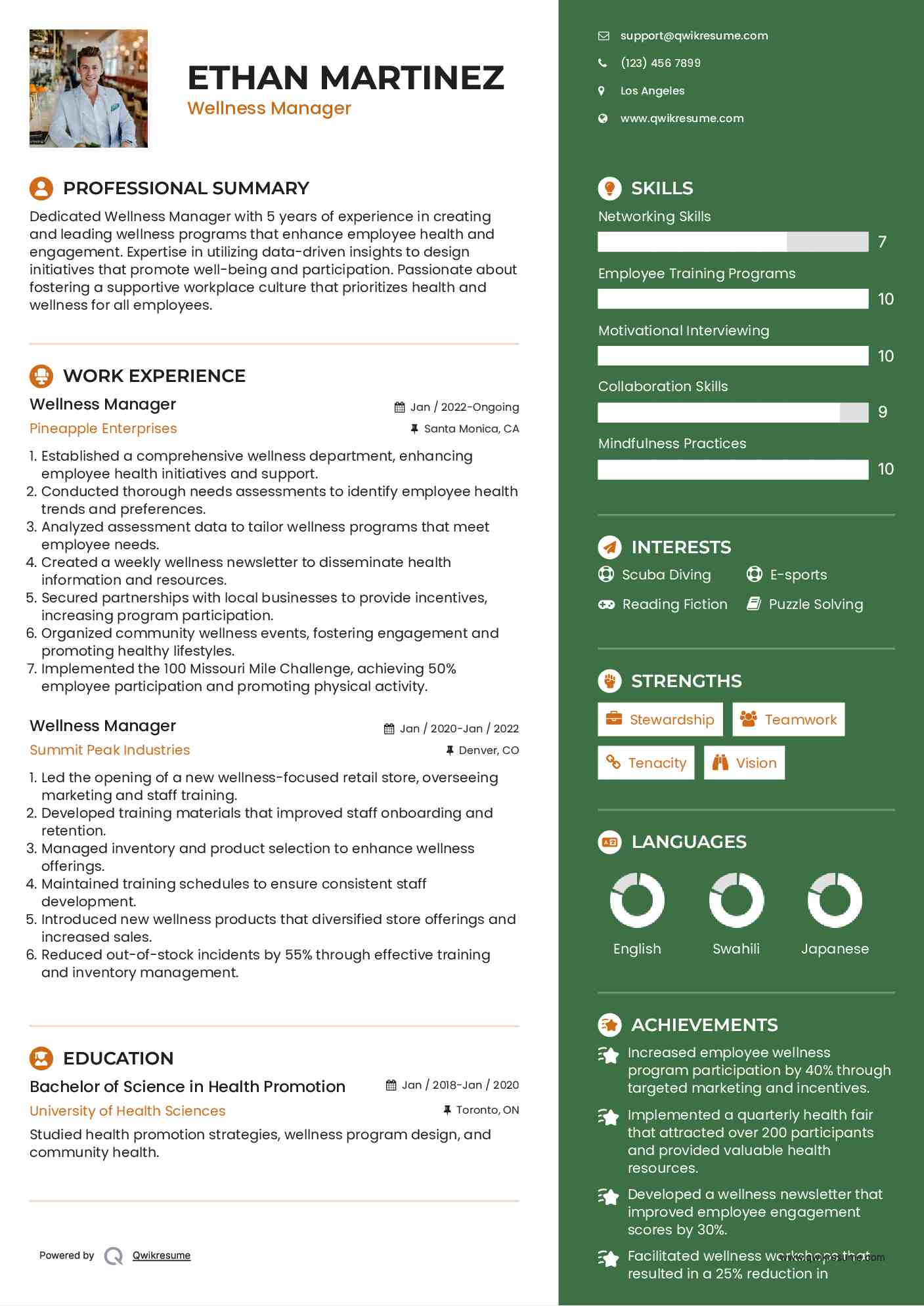 Wellness Manager Resume Model