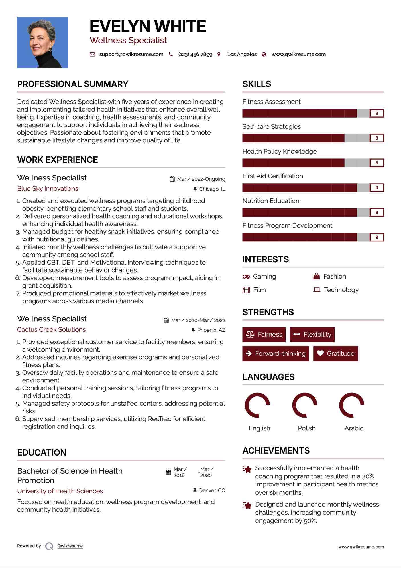 Wellness Specialist Resume Model