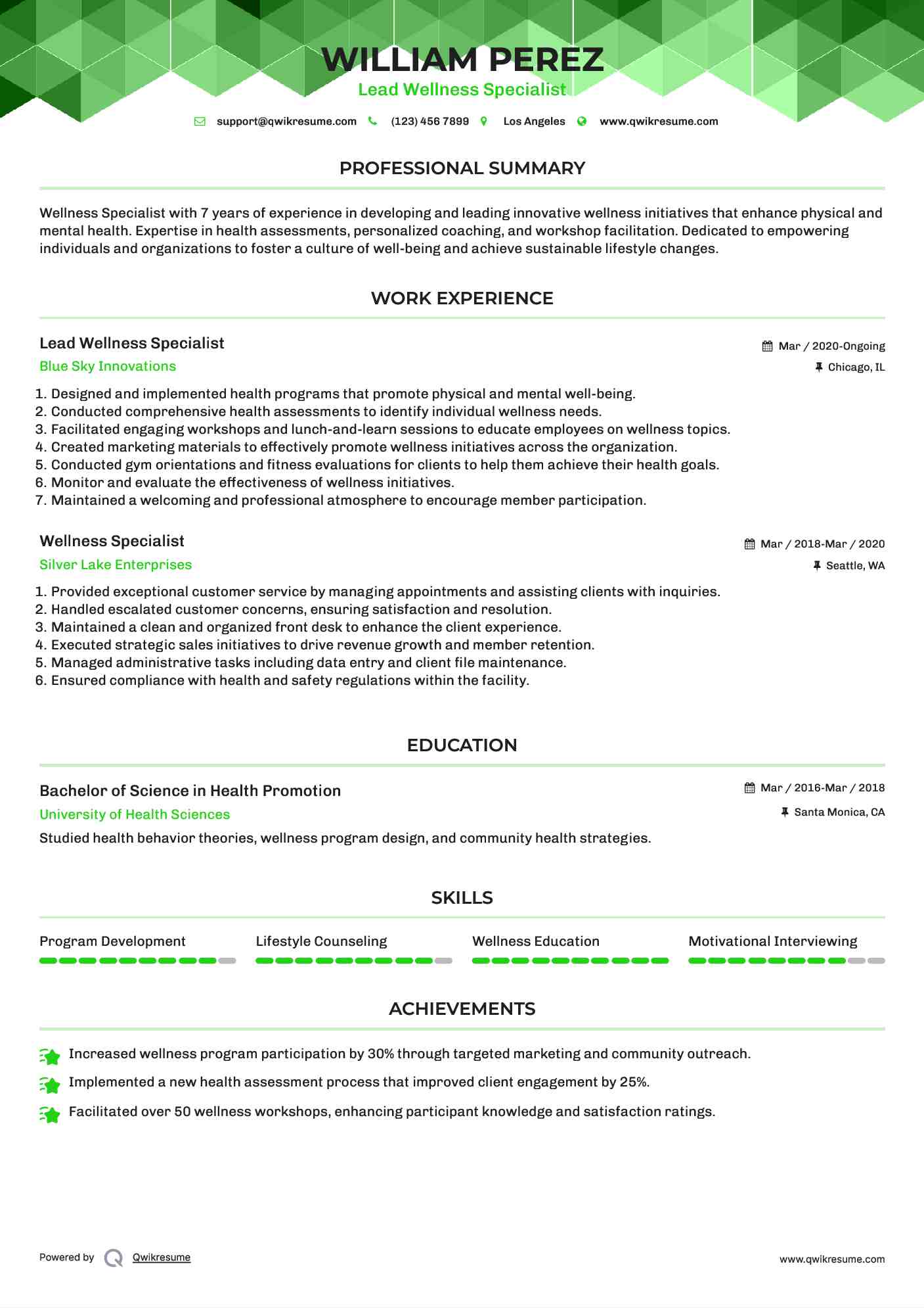 Lead Wellness Specialist Resume Template