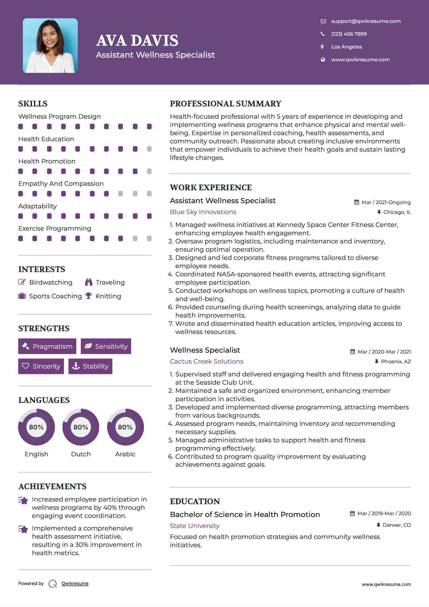Assistant Wellness Specialist Resume Template